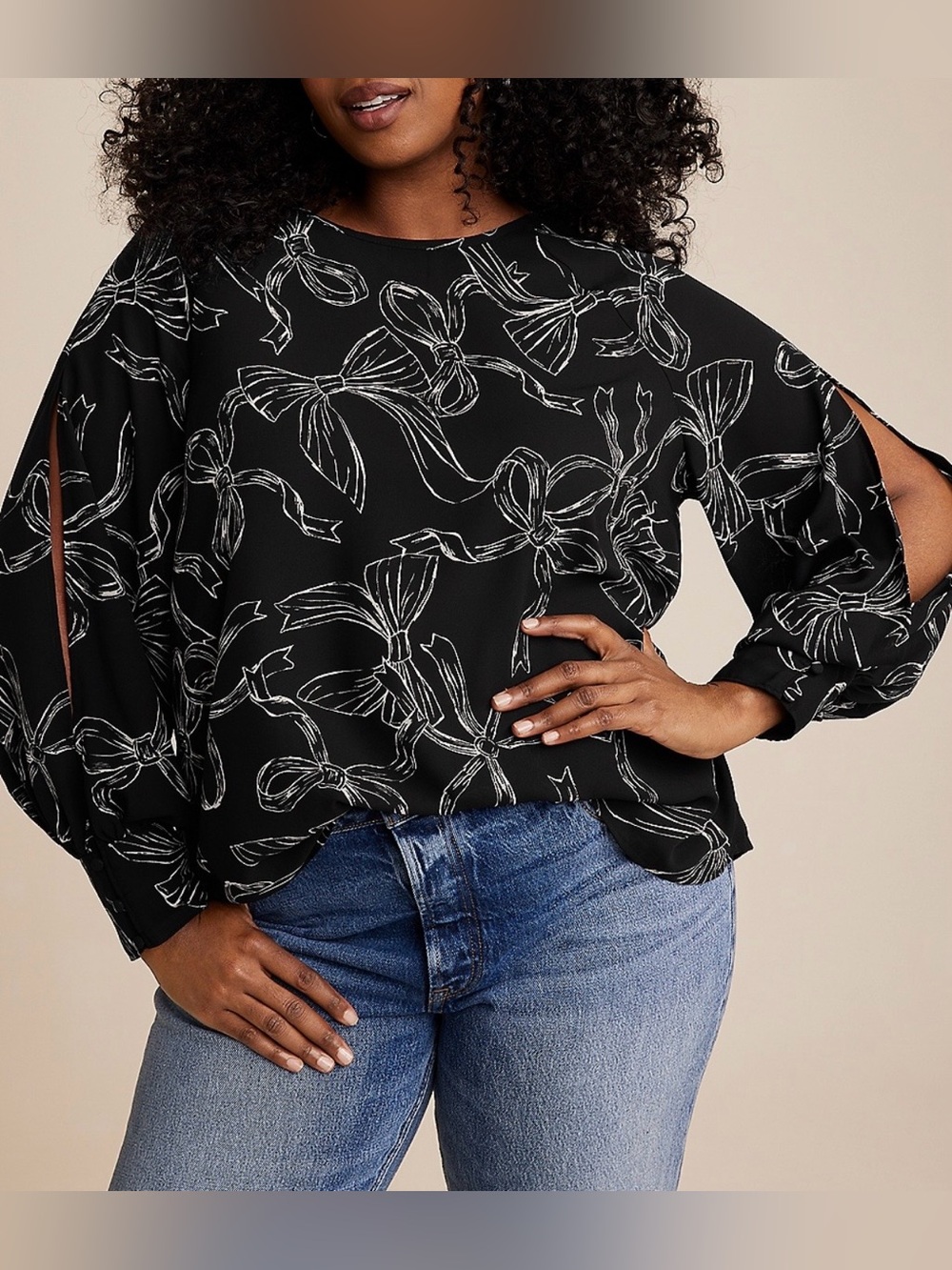 Black White Bow Print Fallon Blouse Long Split Sleeve Large Top